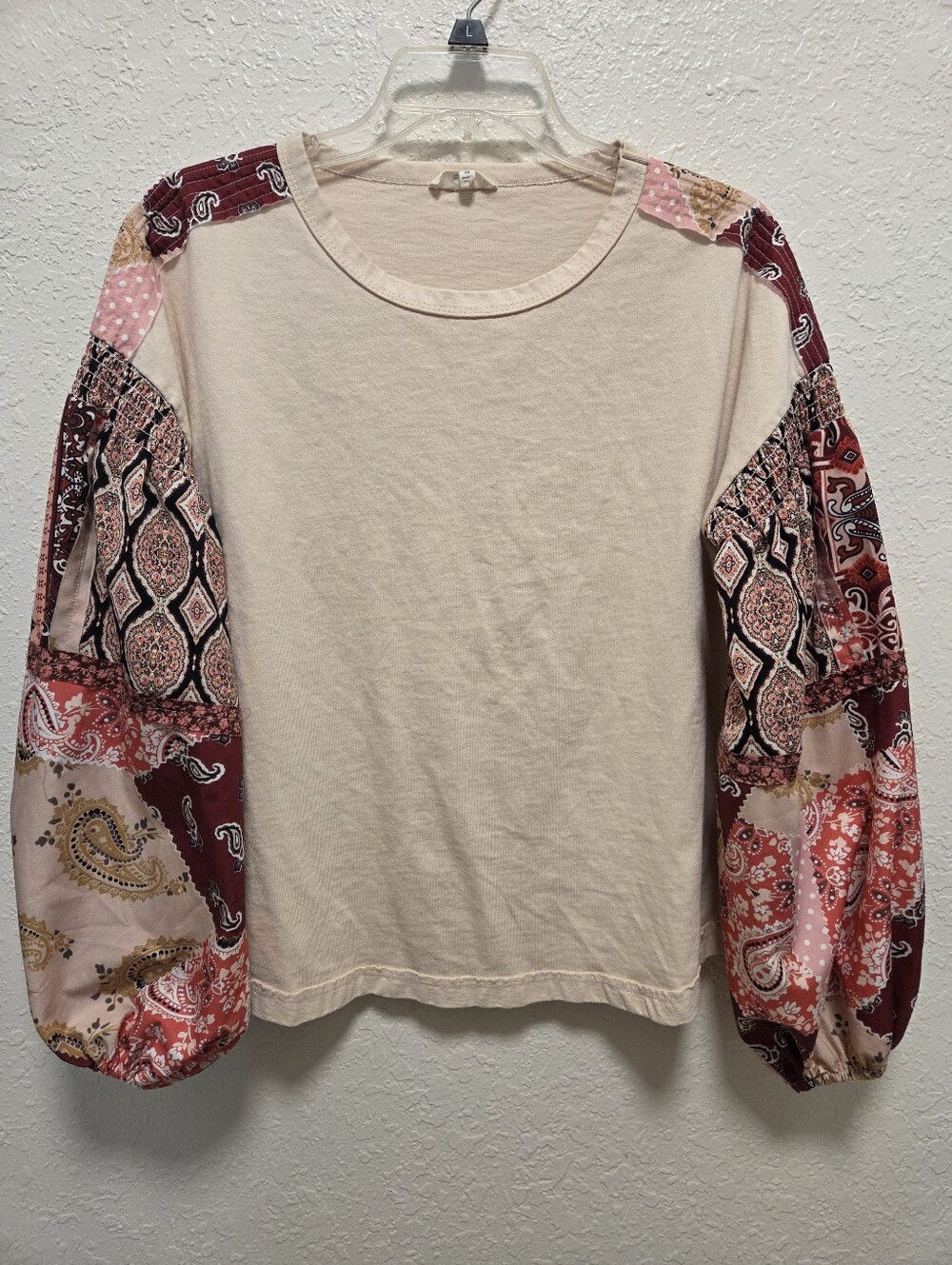 easel Boho Patchwork Bubble Sleeve Top - Picture 2 of 5
